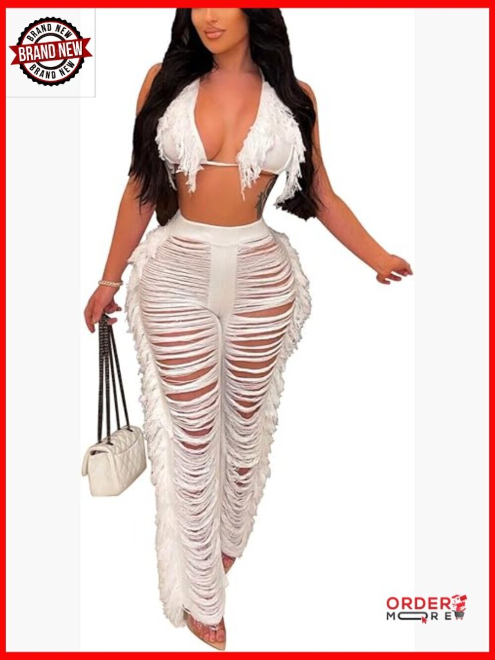Sexy Crochet Cover Up Two Piece Set Halter Top Fringe Pants Beach Vacation